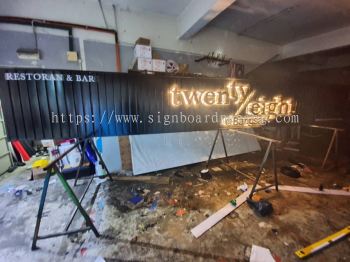 twenty eight cafe bar aluminium ceiling trism casing 3d stainless steel gold mirror led backlit lettering singage signboard at klang kuala lumpur shah alam puchong kepong bangsar