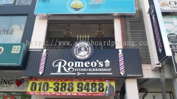 romeos barbershop hairshop aluminium ceiling trism casing 3d led frontlit lettering logo signage signbaord at klang kuala lumpur shah alam puchong kepong subang damansara