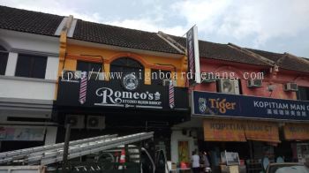 romeos barbershop hairshop aluminium ceiling trism casing 3d led frontlit lettering logo signage signbaord at klang kuala lumpur shah alam puchong kepong subang damansara