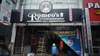 romeos barbershop hairshop aluminium ceiling trism casing 3d led frontlit lettering logo signage signbaord at klang kuala lumpur shah alam puchong kepong subang damansara