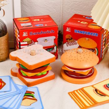 Montessori Wooden Hamburger Sandwich Stacking Game Kitchen Food Pretend Playset Toy