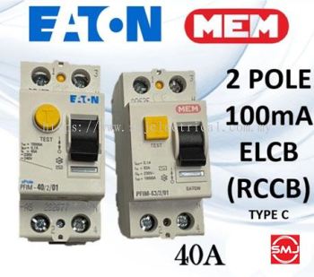 Eaton MEM 40A 2 Pole 0.1A/ 100mA ELCB/ RCCB