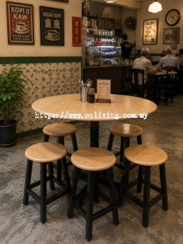 90cm Round Table with Rocket Leg + Wooden Stool Set (Oak Colour)