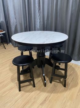 90cm Round Marble Table with Wooden Hulu Leg + Wooden Stool Set