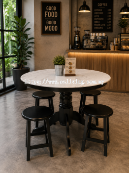 90cm Round Marble Table with Wooden Hulu Leg + Wooden Stool Set
