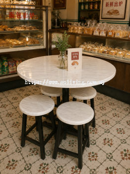Round Table with Rocket Leg + Wooden Stool Set (Marble Light)