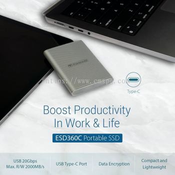 Transcend ESD360C Portable SSD (USB 20Gbps) - Read / Write speed up to 2,000MB/s, one-touch auto-backup, 5Y