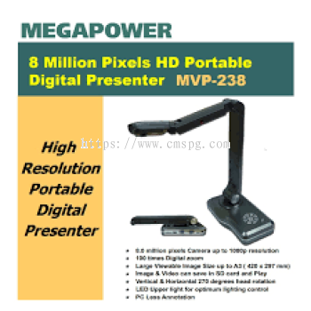 MEGAPOWER VISUALIZER MVP-238 HIGH RESOLUTION DIGITAL VISUAL PRESENTER- 8M up to 1080p resolution- 100x Digital Zoom-,A3 (420 x 297 mm),Vert. & Hori - LED  lighting control- HDMI & VGA output