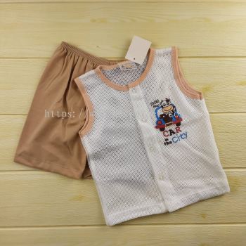 White Mesh Tank Top and Brown Shorts Baby Car Pattern Set