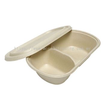 Biodegradable Sugarcane 850ml 2 Compartment Oval Container / Lunch Box (Set)