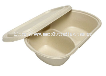  Biodegradable Sugarcane 1000ml 2 Compartment Oval Container / Lunch Box (Set)