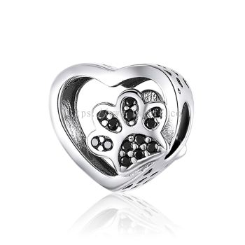 Black Crystal Paw Print Heart Charm