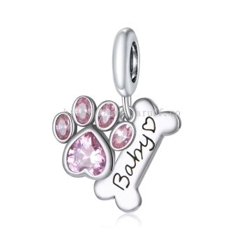 Baby Heart Pink Paw Print and Bone Dangle Charm