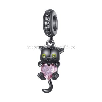 Black Kitty with Pink Heart Dangle Charm