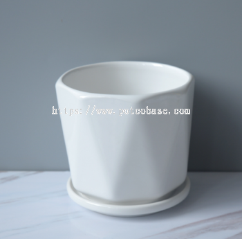 Ceramic Pot PC1247-10819 Ceramic flower pot with tray office succulent flower pot white striped balcony green plant pot flower stand wholesale