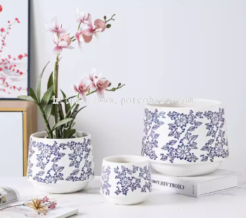 Ceramic Pot PC1247-19696-3 Blue And White Porcelain Flower Pot Ceramic Home Living Room New Chinese Style Large Diameter Creative High-End Orchid Butterfly Orchid Special Potted Plant 新中式家用客厅陶瓷花盆摆件中国风青花瓷发财树兰花专用三角梅盆