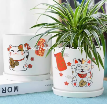 Ceramic Pot PC1247-10710 Lucky Cat Ceramic Auspicious And Wishful Chinese Style Cylindrical With Tray Simple Creative Festive Flower Pot 招财猫陶瓷吉祥如意中国风圆柱形带拖盘简约创意喜庆花盆 Seramik Kucing Bertuah Berbentuk Silinder Gaya Cina Yang Bertuah Dengan Dulang Pasu Bunga Perayaan Kreatif Yang Ringkas