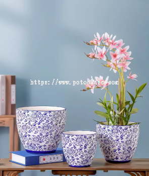 Ceramic Pot PC1247-19699 New Chinese Style Phalaenopsis Special Flower新中式家用客厅陶瓷花盆摆件中国风青花瓷发财树兰花专用三角梅盆 Pot Blue And White Porcelain Vase Large Group Pot High-End Ceramic Household Orchid Flower Pot