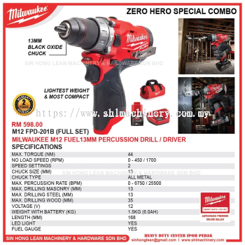 MILWAUKEE M12 FPD FUEL 13mm Percussion Drill / Driver ZERO HERO COMBO