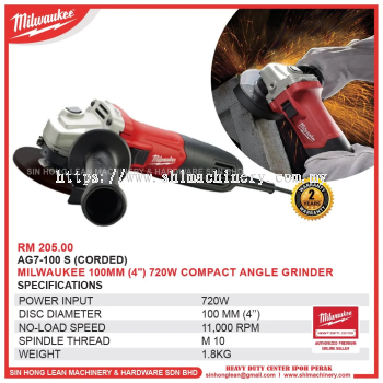 MILWAUKEE AG7-100 S (CORDED)  100MM (4") 720W COMPACT ANGLE GRINDER