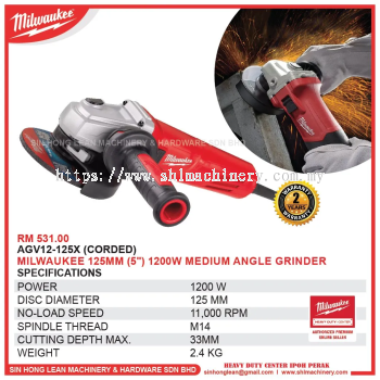 MILWAUKEE AGV12-125X (CORDED) 125MM (5") 1200W MEDIUM ANGLE GRINDER