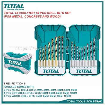 TOTAL TACSDL11601 16 Pcs Drill Bits Set (for Metal, Concrete and Wood)