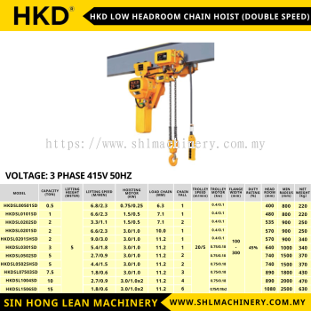 HKD LOW HEADROOM CHAIN HOIST (DOUBLE SPEED)