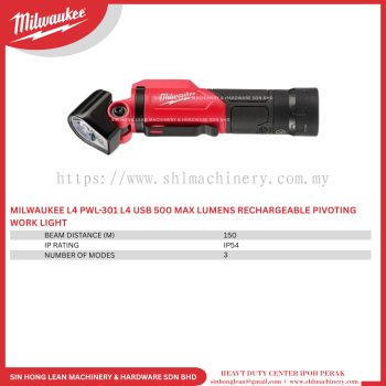 MILWAUKEE L4 PWL-301 L4 USB 500 MAX LUMENS RECHARGEABLE PIVOTING WORK LIGHT