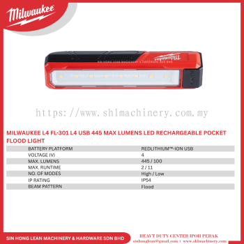 MILWAUKEE L4 FL-301 L4 USB 445 MAX LUMENS LED RECHARGEABLE POCKET FLOOD LIGHT