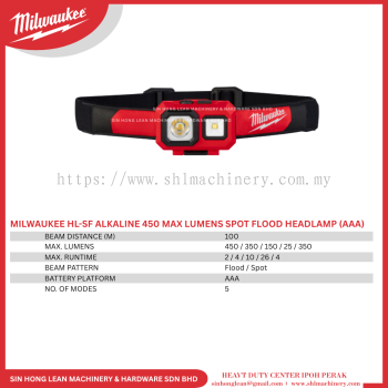 MILWAUKEE HL-SF ALKALINE 450 MAX LUMENS SPOT FLOOD HEADLAMP (AAA)