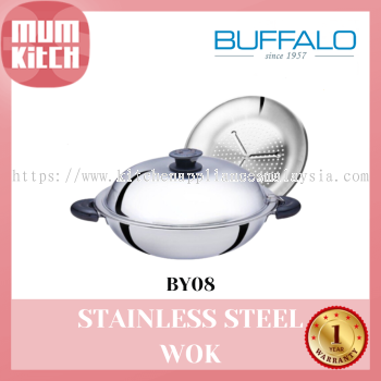 BUFFALO Stainless Steel Wok 35cm Round Bottom Yadeng Series (BY08)