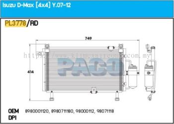 CONDENSER PACO - ISUZU D-MAX 2.5 ' 03 ' PFC [ PL3778 ] [ KM2556 ]