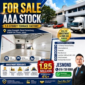 Desa Cemerlang, Jalan Canggih | 1.5 Storey Terrace Factory For Sale