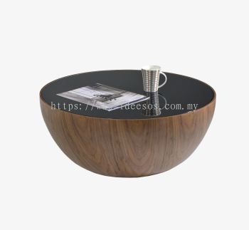 iBN-GT-46(WL) | Round-Shape Coffee Table with Walnut Wooden Base and Black Tempered Glass Top