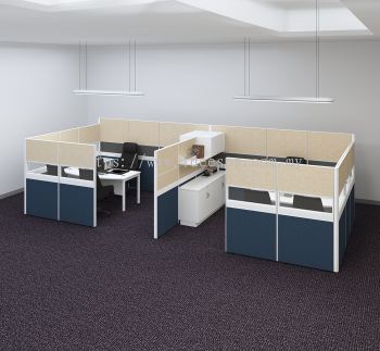 Cluster Of 2 (Open Plan System) - Full Board Combine Half Glass Partition Workstation C/W Wire Trunking With Executive Table, Cabinet & Mobile Pedestal