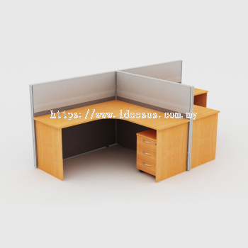 Cluster Of 2 - Full Board Partition Workstation C/W Wire Trunking With Standard L-Shape Table & Mobile Pedestal