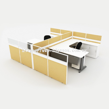 2 Person Workstation | Open Plan System with Full Board and Half Glass Partition, Wire Trunking, L-Shape Table with Metal J-Leg, Metal Modesty Panel & Low Cabinet