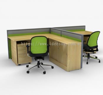 2 Person Cubicle Workstation | Full Board Partition with Wire Trunking, Standard Rectangular Table, Side Cabinet & Mobile Pedestal