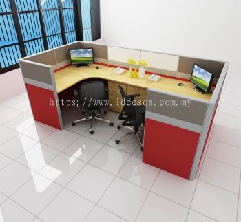 2 Person Cubicle Workstation | Full Board Partition with Wire Trunking, L-Shape Table & Fixed Pedestal