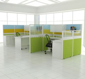 2 Person Workstation | Open Plan System with Half Glass and Full Board Partition, Wire Trunking, L-Shape Table, Low Cabinet, Mobile Pedestal & Hanging Cabinet