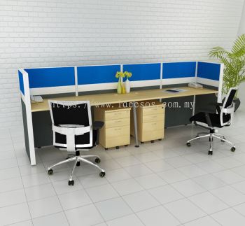 2 Person Cubicle Workstation | Full Board Partition with Wire Trunking, Rectangular Table, Metal Legs & Mobile Pedestal