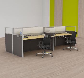 Cluster Of 4 - Full Board Combine Half Glass Partition Workstation C/W Wire Trunking With Rectangular Worktop