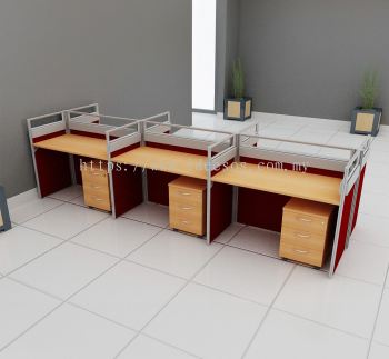 Cluster Of 6 - Full Board Partition Workstation C/W Wire Trunking With Rectangular Worktop And Mobile Pedestal