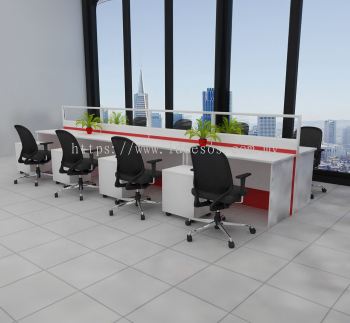 Cluster Of 8 - Half Glass Partition Workstation C/W Wire Trunking With Standard Rectangular Table & Mobile Pedestal