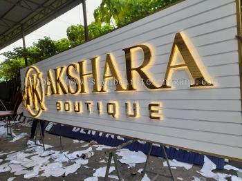 Akshara Boutique - 3D LED Stainless Steel Gold Mirror Backlit with Aluminum Panel Base Signboard 