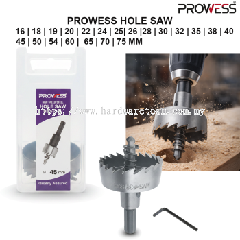 PROWESS HOLE SAW 16MM | 18MM | 19MM | 20MM | 22MM | 24MM | 25MM | 26MM | 28MM | 30MM | 32MM | 35MM | 38MM | 40MM | 45MM | 50MM | 54MM | 60MM | 65MM | 70MM | 75MM (PW40-4116 hingga PW40-4175) | MATA HOLE SAW BI-METAL | ALAT PEMOTONG LUBANG PROFESIONAL