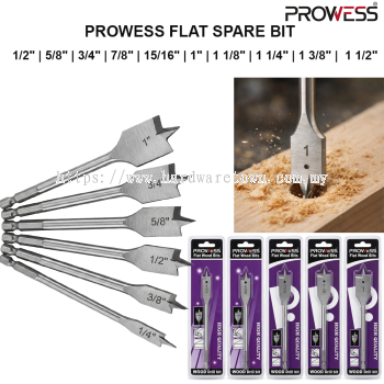 PROWESS FLAT SPARE BIT | WOOD FLAT DRILL BIT | HIGH CARBON STEEL SPADE BIT  1/2" | 5/8" | 3/4" | 7/8" | 15/16" | 1" | 1 1/8" | 1 1/4" | 1 3/8" |  1 1/2"  ( PW40-1113 | PW40-1116 | PW40-1119 | PW40-1123 | PW40-1124 | PW40-1125 | PW40-1131 | PW40-1132 | PW40-1137 | 1 1/2" PW40-1138  )