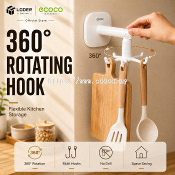LODER ECOCO 360° Rotating Hook 6 Hook Wall Mounted Adhesive No Drill Kitchen Bathroom Organizer