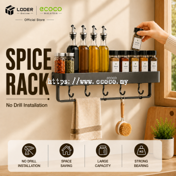 LODER ECOCO Spice Rack Wall Mounted Seasoning Rack Kitchen Storage Shelf No Drill Organizer with Hooks
