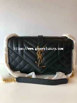 Preloved Unused Like New YSL Small Envelope Bag Black Textured Leather GHW S260314-14